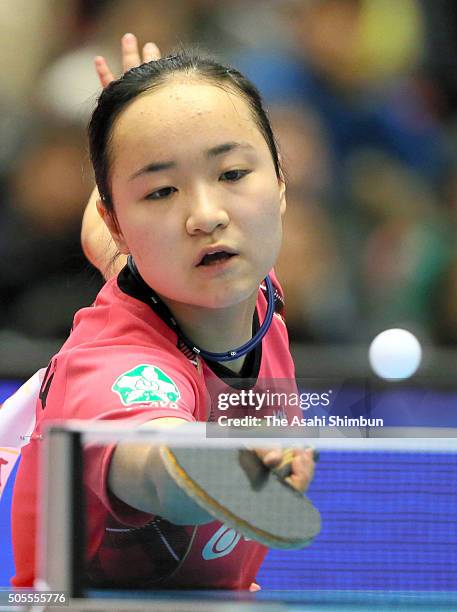 Mima Ito competes in the Women's Singles quarter final during day six of the All Japan Table Tennis Championships at the Tokyo Metropolitan Gymnasium...