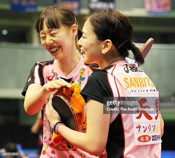 Yu Amano and Misaki Nakajima celebrates winning the Women's Doubles final during day six of the All Japan Table Tennis Championships at the Tokyo...