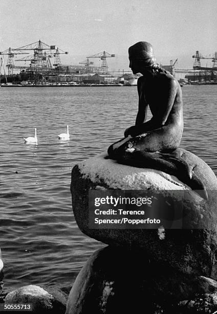 The Little Mermaid statue by the waterside on the Langelinie promenade in Copenhagen, capital city of Denmark on the east coast of Zealand, circa...