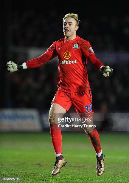 Jason Steele of Blackburn Rovers celebrates as Jordan Rhodes of Blackburn Rovers scores his sides second goal during the Emirates FA Cup Third Round...