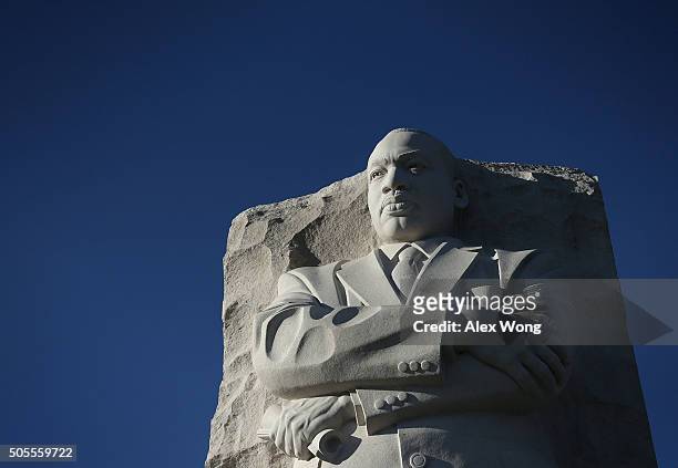The statue of Martin Luther King Jr. Is seen at Martin Luther King Jr. Memorial January 18, 2016 in Washington, DC. The nation observes the life and...