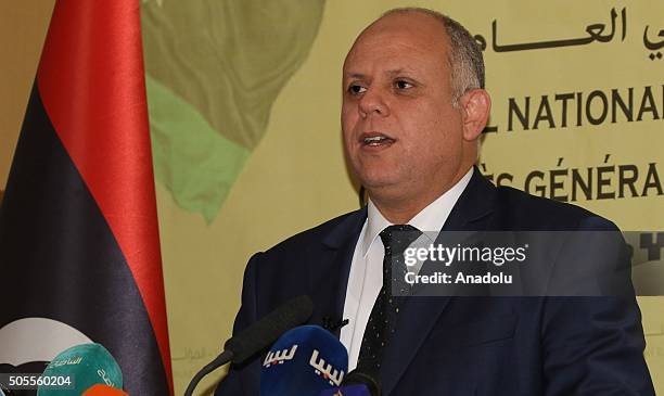 Awad Mohammed Abdul-Sadiq, the first deputy head of the Tripoli-based General National Congress , gives a speech during a press conference in...