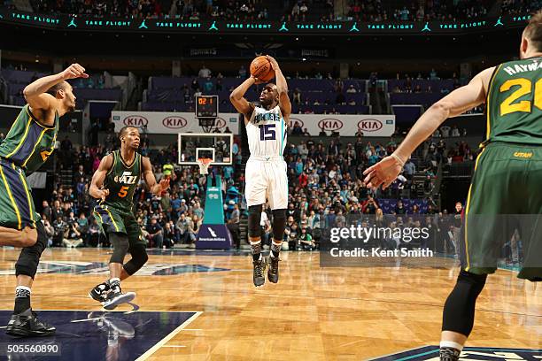 Kemba Walker of the Charlotte Hornets shoots the ball against the Utah Jazz on January 18, 2016 at Time Warner Cable Arena in Charlotte, North...