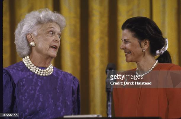 Barbara Bush, looking healthy after treatment for the thyroid disorder Graves' Disease, at White House hosting Queen Sylvia of Sweden.