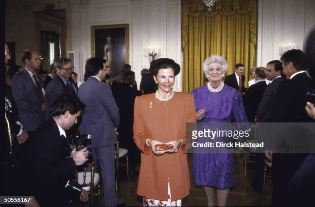 Mrs. George H. W. Bush , looking healthy after treatment for the thyroid disorder Graves' Disease, at White House hosting Queen Sylvia of Sweden.