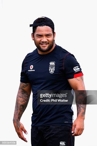 Issac Luke of the Warriors looks on during a New Zealand Warriors NRL training session at Mt Smart Stadium on January 19, 2016 in Auckland, New...