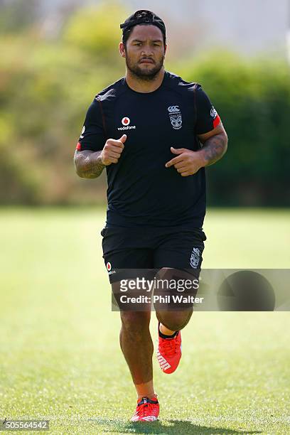 Issac Luke of the Warriors runs during a New Zealand Warriors NRL training session at Mt Smart Stadium on January 19, 2016 in Auckland, New Zealand.
