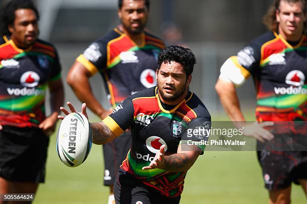 Issac Luke of the Warriors takes a pass during a New Zealand Warriors NRL training session at Mt Smart Stadium on January 19, 2016 in Auckland, New...
