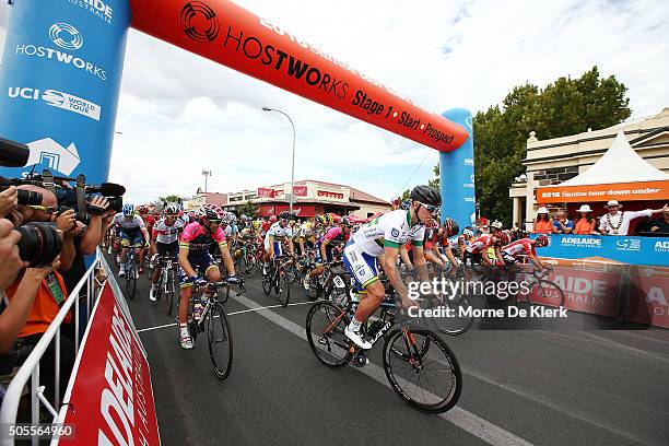 Riders take off at the start of stage 1 of the 2016 Tour Down Under from Prospect to Lyndoch on January 19, 2016 in Adelaide, Australia.