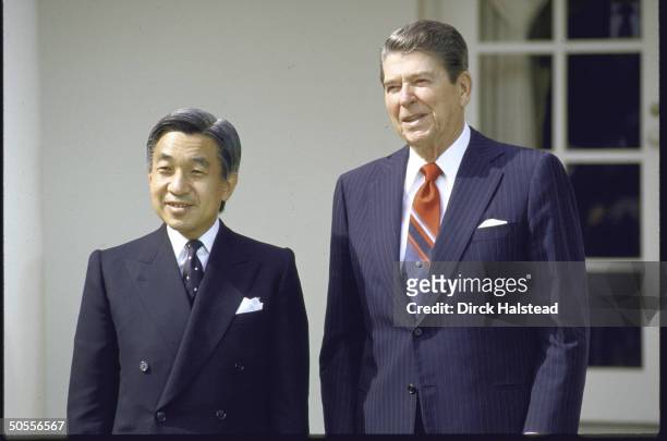 Pres. Ronald W. Reagan standing outside White House with Japan's Crown Prince Akihito.