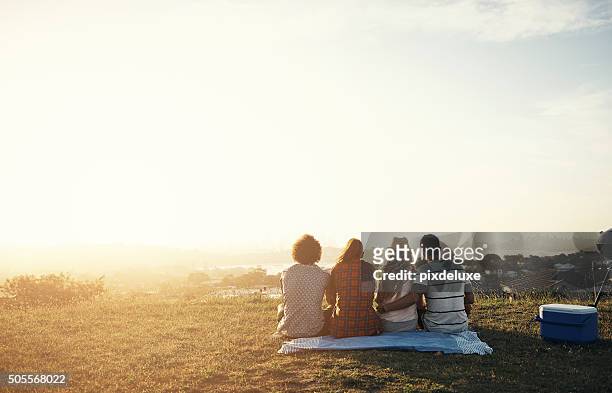 together is our favourite place to be - friends sunset stockfoto's en -beelden
