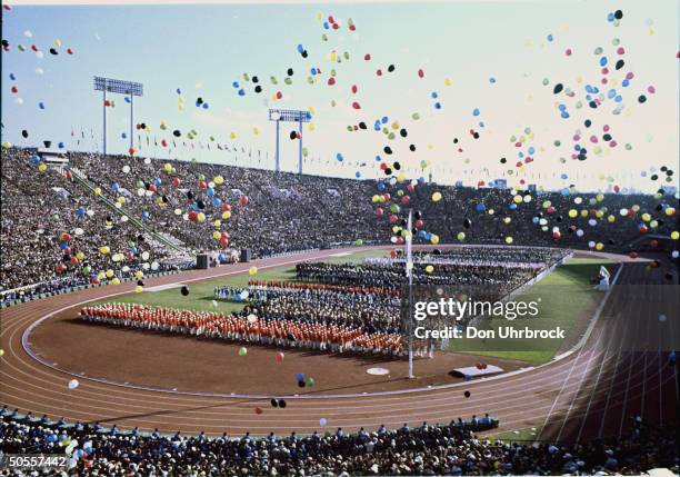 Balloons floating over the stadium at the opening of the Summer Olympics.