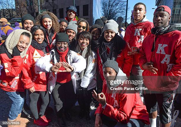 Members of Delta Sigma Theta Sorority, Inc. And Kappa Alpha Psi Fraternity, Inc. Attend 2016 Martin Luther King Jr. Day parade on January 18, 2016 in...