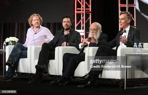 Directors Tyler Measom and Justin Weinstein, film subject James Randi and film participant Bill Nye speak onstage during INDEPENDENT LENS' 'An Honest...
