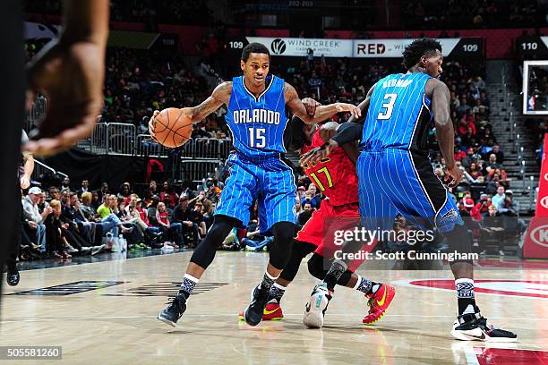 Keith Appling of the Orlando Magic handles the ball during the game against the Atlanta Hawks on January 18, 2016 at Philips Arena in Atlanta,...