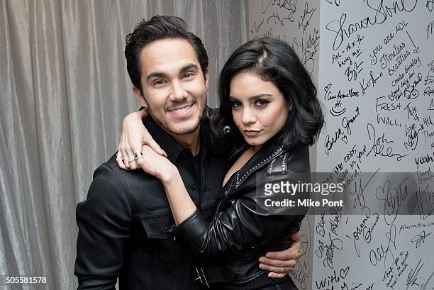 Carlos PenaVega and Vanessa Hudgens attend the AOL Build Speaker Series to discuss the television production of 'Grease: Live' at AOL Studios In New...