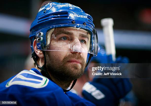 Chris Higgins of the Vancouver Canucks looks on from the bench during their NHL game against the Tampa Bay Lightning at Rogers Arena January 9, 2016...