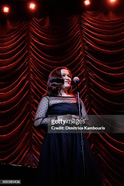 Maude Maggart performs at Marc Jacobs Beauty Velvet Noir Mascara Launch Dinner at Hotel Wolcott Ballroom on January 18, 2016 in New York City.