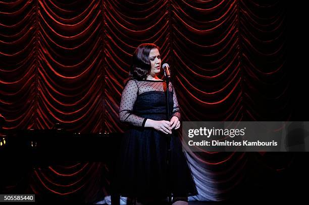 Maude Maggart performs at Marc Jacobs Beauty Velvet Noir Mascara Launch Dinner at Hotel Wolcott Ballroom on January 18, 2016 in New York City.