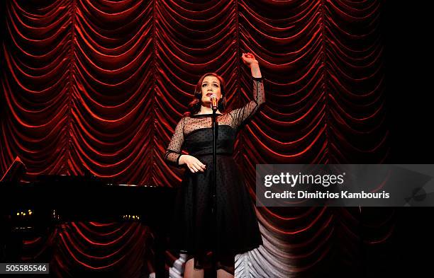 Maude Maggart performs at Marc Jacobs Beauty Velvet Noir Mascara Launch Dinner at Hotel Wolcott Ballroom on January 18, 2016 in New York City.