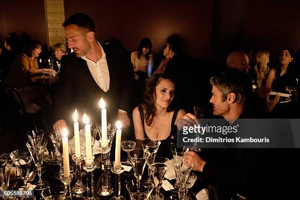 Marc Jacobs, Winona Rider and Scott Hahn attend Marc Jacobs Beauty Velvet Noir Mascara Launch Dinner at Hotel Wolcott Ballroom on January 18, 2016 in...