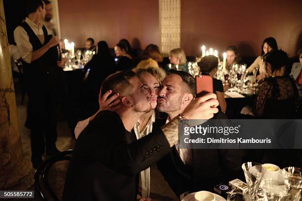 Charly DeFrancesco, Juno Temple and Marc Jacobs attend Marc Jacobs Beauty Velvet Noir Mascara Launch Dinner on January 18, 2016 in New York City.