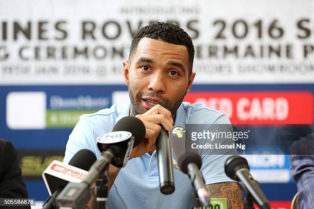 Jermaine Pennant of Tampines Rovers speaks during a media op at Komoco Motors Showroom on January 19, 2016 in Singapore. The English footballer who...