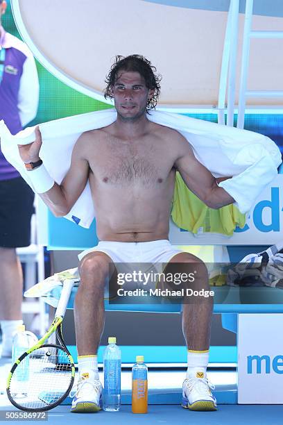 Rafael Nadal of Spain looks on during change of ends in his first round match against Fernando Verdasco of Spain during day two of the 2016...