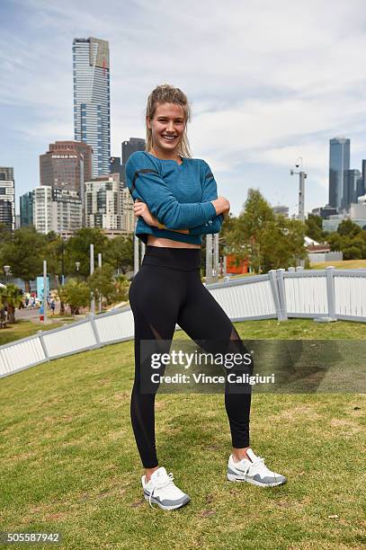 Eugenie Bouchard of Canada poses at the Canadian Club Racquet Club at Birrarung Marr during day two of the 2016 Australian Open at Melbourne Park on...