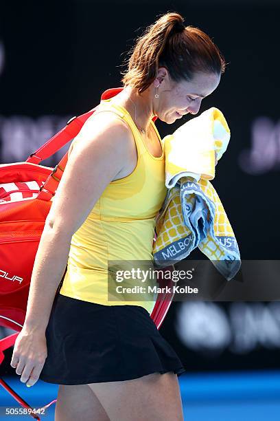 Jarmila Wolfe of Australia show her emotion after retiring from her her first round match against Anastasija Sevastova of Latvia during day two of...