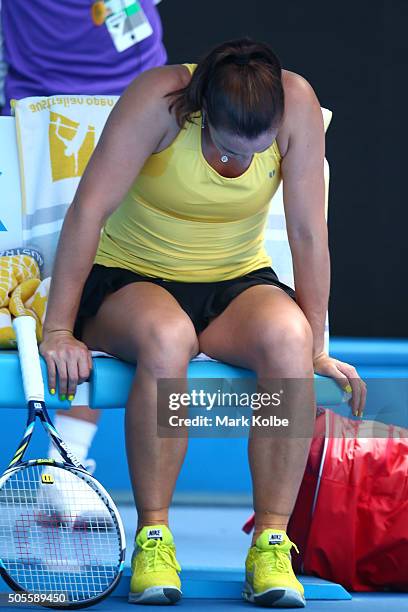 Jarmila Wolfe of Australia show her emotion between games in her first round match against Anastasija Sevastova of Latvia during day two of the 2016...