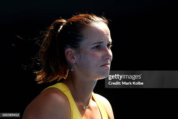 Jarmila Wolfe of Australia reacts in her first round match against Anastasija Sevastova of Latvia during day two of the 2016 Australian Open at...