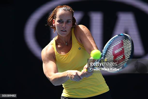 Jarmila Wolfe of Australia plays a backhand in her first round match against Anastasija Sevastova of Latvia during day two of the 2016 Australian...