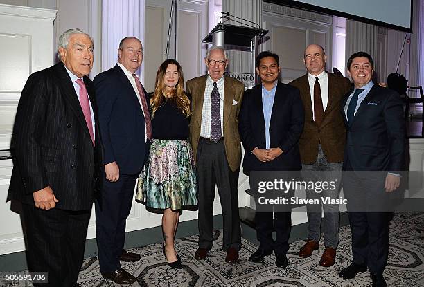 Gilbert Harrison, John Berg, Drew Barrymore, Arie L. Kopelman, Imran Khan, Jim Manzi and Colin S.A. Welch attend Financo CEO Forum 2016 on January...