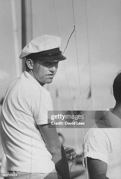 Prince Constantine on his sail boat, during olympics.