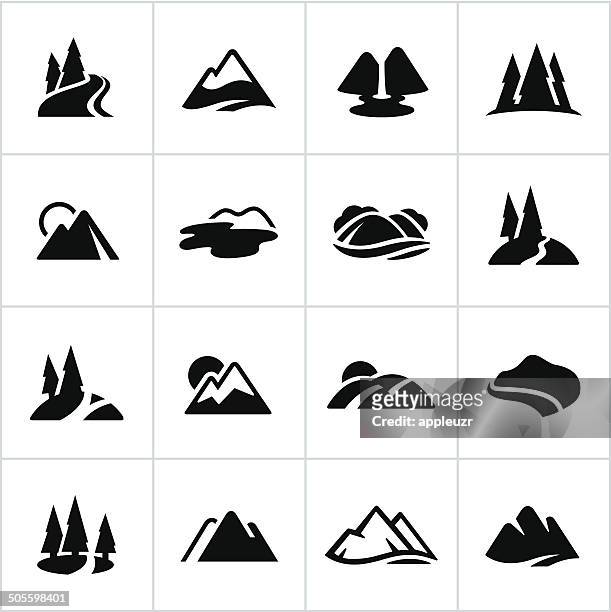black mountains, hills and water ways icons - hill stock illustrations