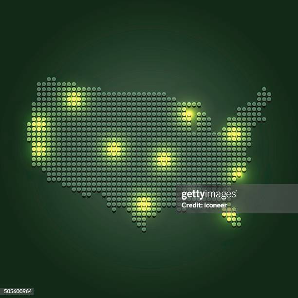 dotted usa map with green lights on dark background - photopollution stock illustrations