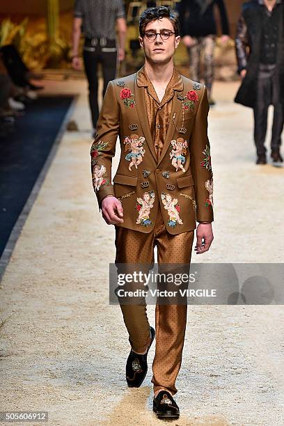 Model walks the runway at the Dolce & Gabbana show during Milan Men's Fashion Week Fall/Winter 2016/17 on January 16, 2016 in Milan, Italy.