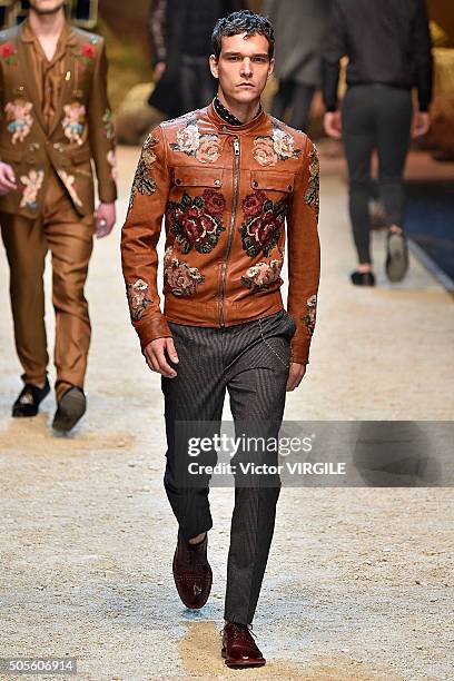 Model walks the runway at the Dolce & Gabbana show during Milan Men's Fashion Week Fall/Winter 2016/17 on January 16, 2016 in Milan, Italy.