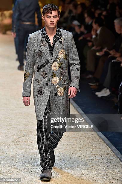 Model walks the runway at the Dolce & Gabbana show during Milan Men's Fashion Week Fall/Winter 2016/17 on January 16, 2016 in Milan, Italy.