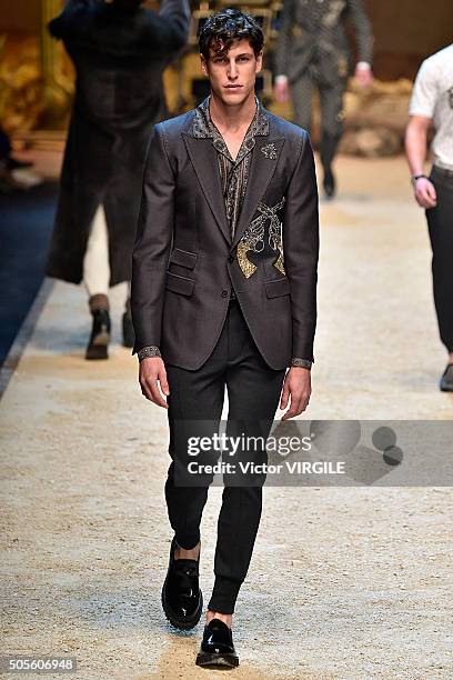 Model walks the runway at the Dolce & Gabbana show during Milan Men's Fashion Week Fall/Winter 2016/17 on January 16, 2016 in Milan, Italy.