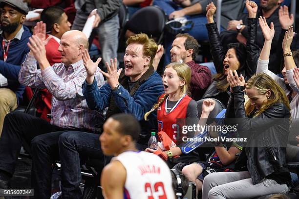 Steve Ballmer, Conan O'Brien, Neve O'Brien, Beckett O'Brien and Liza Powel attend a basketball game between the Houston Rockets and the Los Angeles...