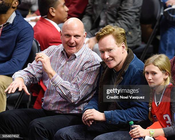 Steve Ballmer, Conan O'Brien and Neve O'Brien attend a basketball game between the Houston Rockets and the Los Angeles Clippers at Staples Center on...