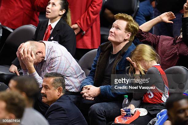 Steve Ballmer, Conan O'Brien and Neve O'Brien attend a basketball game between the Houston Rockets and the Los Angeles Clippers at Staples Center on...