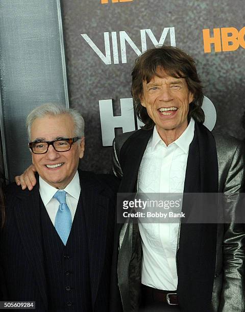 Martin Scorsese and Mick Jagger attends the "Vinyl" New York Premiere at Ziegfeld Theatre on January 15, 2016 in New York City.