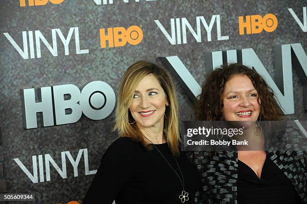 Edie Falco and Aida Turturro attends the "Vinyl" New York Premiere at Ziegfeld Theatre on January 15, 2016 in New York City.