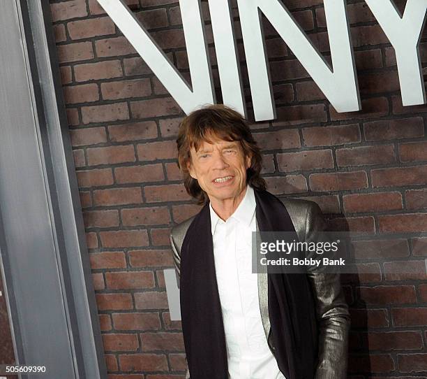 Mick Jagger attends the "Vinyl" New York Premiere at Ziegfeld Theatre on January 15, 2016 in New York City.
