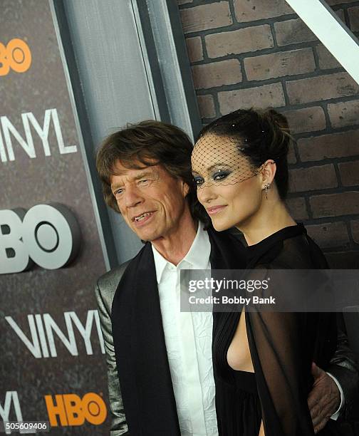 Mick Jagger and Olivia Wilde attends the "Vinyl" New York Premiere at Ziegfeld Theatre on January 15, 2016 in New York City.