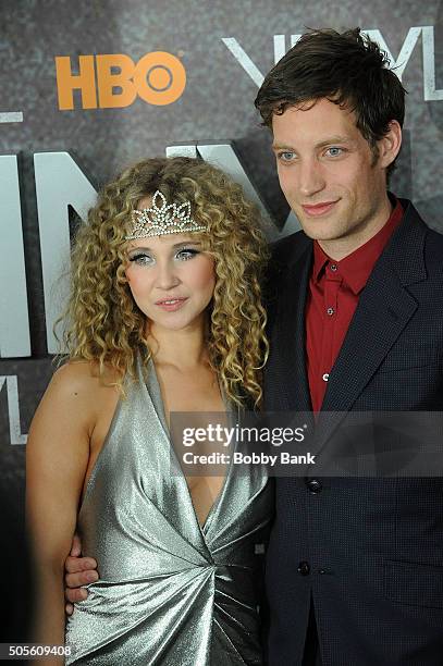 Juno Temple and James Jagger attends the "Vinyl" New York Premiere at Ziegfeld Theatre on January 15, 2016 in New York City.