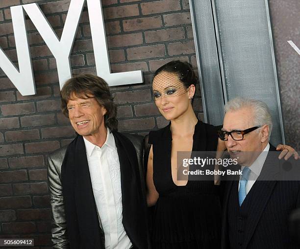 Mick Jagger, Olivia Wilde and Martin Scorsese attends the "Vinyl" New York Premiere at Ziegfeld Theatre on January 15, 2016 in New York City.